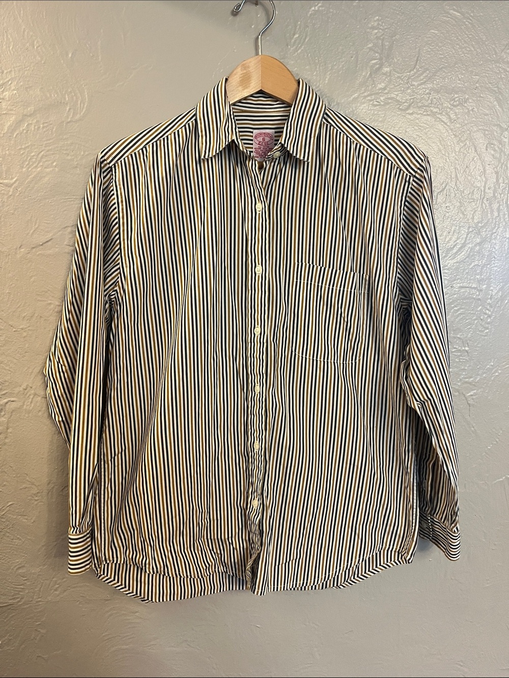 Brooks Brothers 100% Cotton Yellow, Navy and Maroon Striped Dress Shirt 6